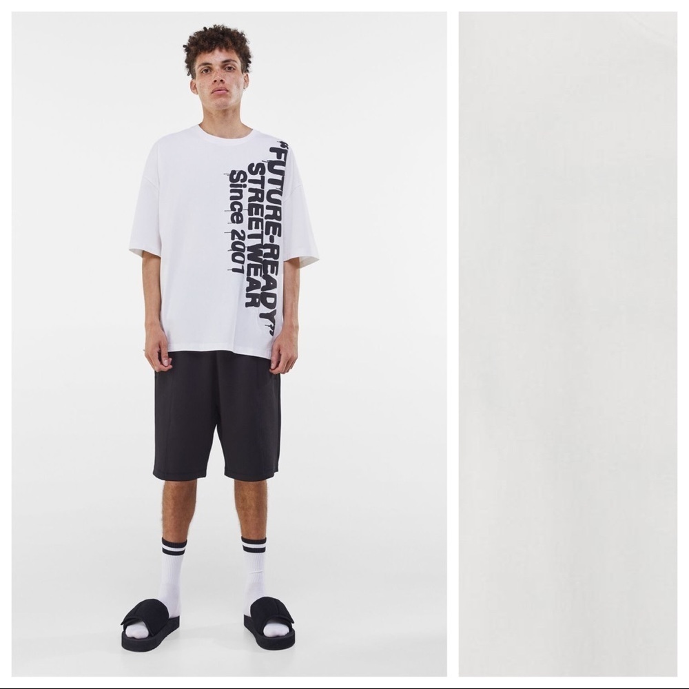🌹NWT. Bershka White "FUTURE-READY" Print Extra Loose T-shirt. Size L.